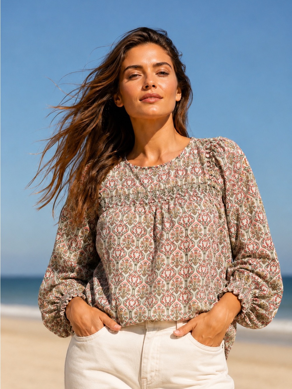 LOFT Floral Smocked Yoke Blouse - Pink & Green